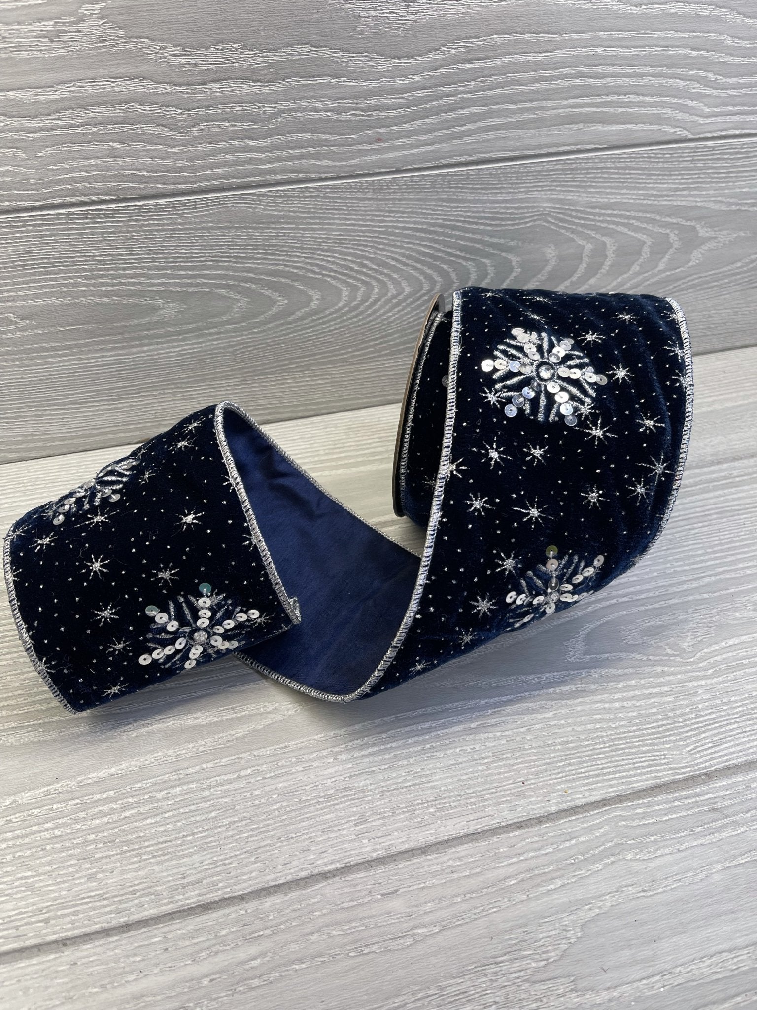 Blue velvet wired ribbon with silver snowflakes 4” - Greenery Market Wired ribbon