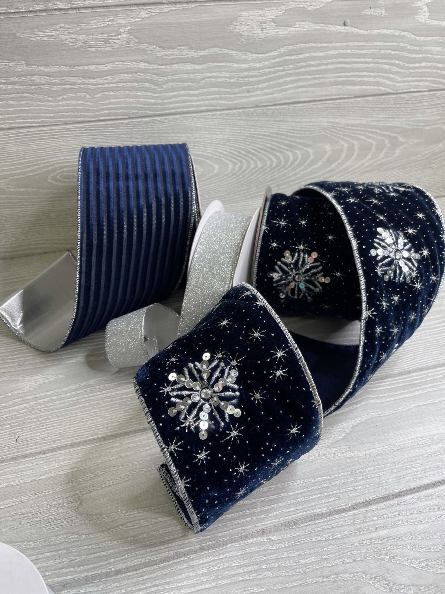 Blue Velvet Wired Ribbon with Silver Snowflakes 4” - Greenery Market