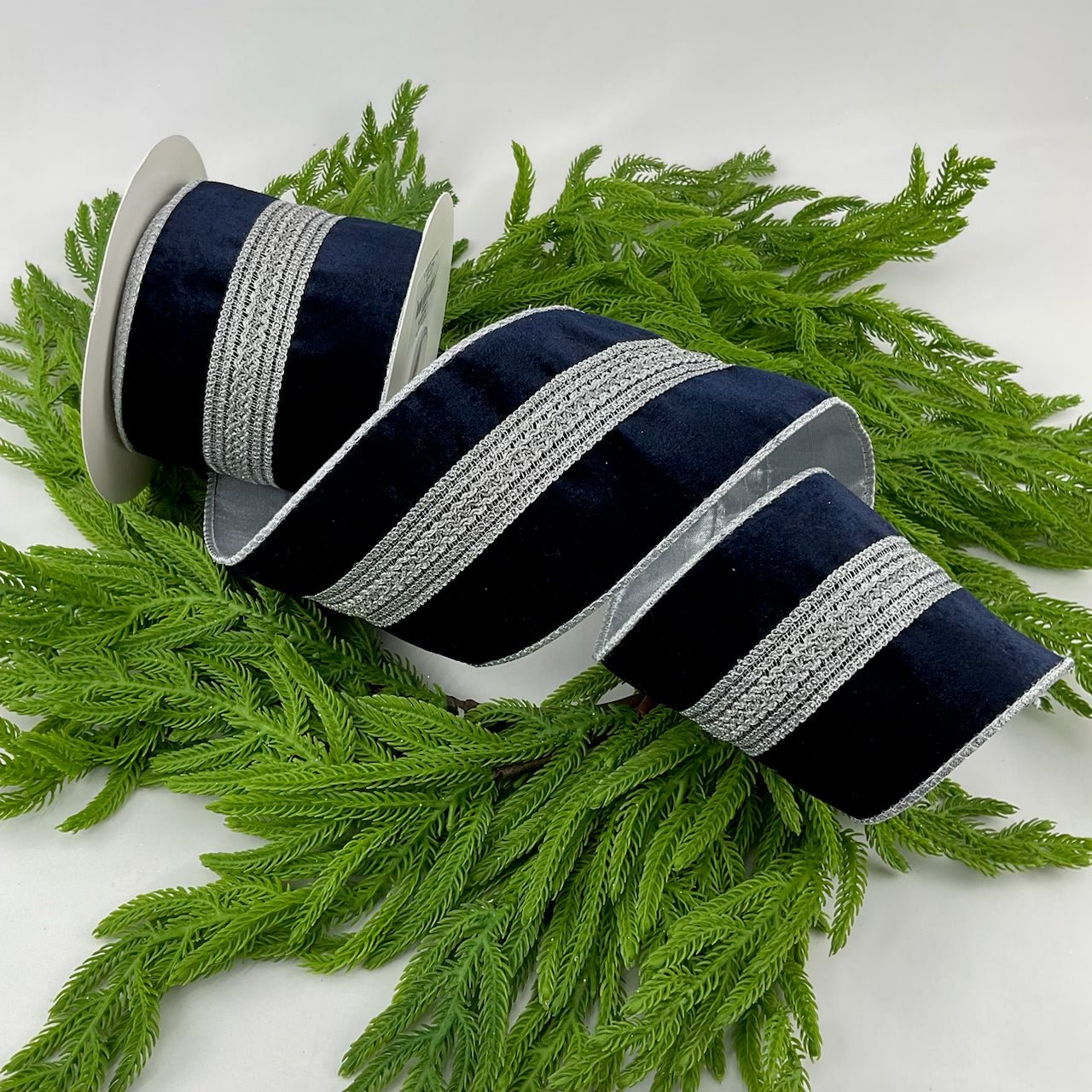 Blue velvet with silver trim wired ribbon 4” - Greenery Market9745538