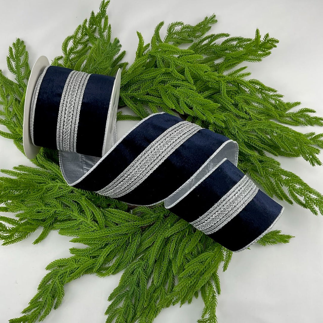 Blue velvet with silver trim wired ribbon 4” - Greenery Market9745538