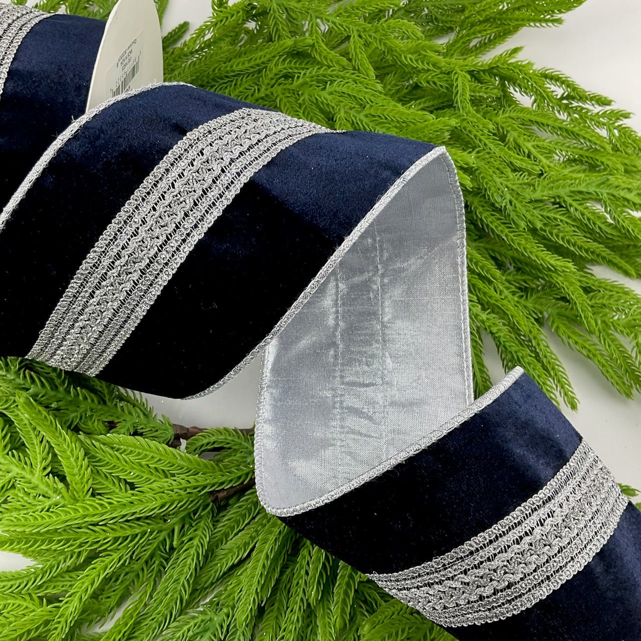 Blue velvet with silver trim wired ribbon 4” - Greenery Market9745538