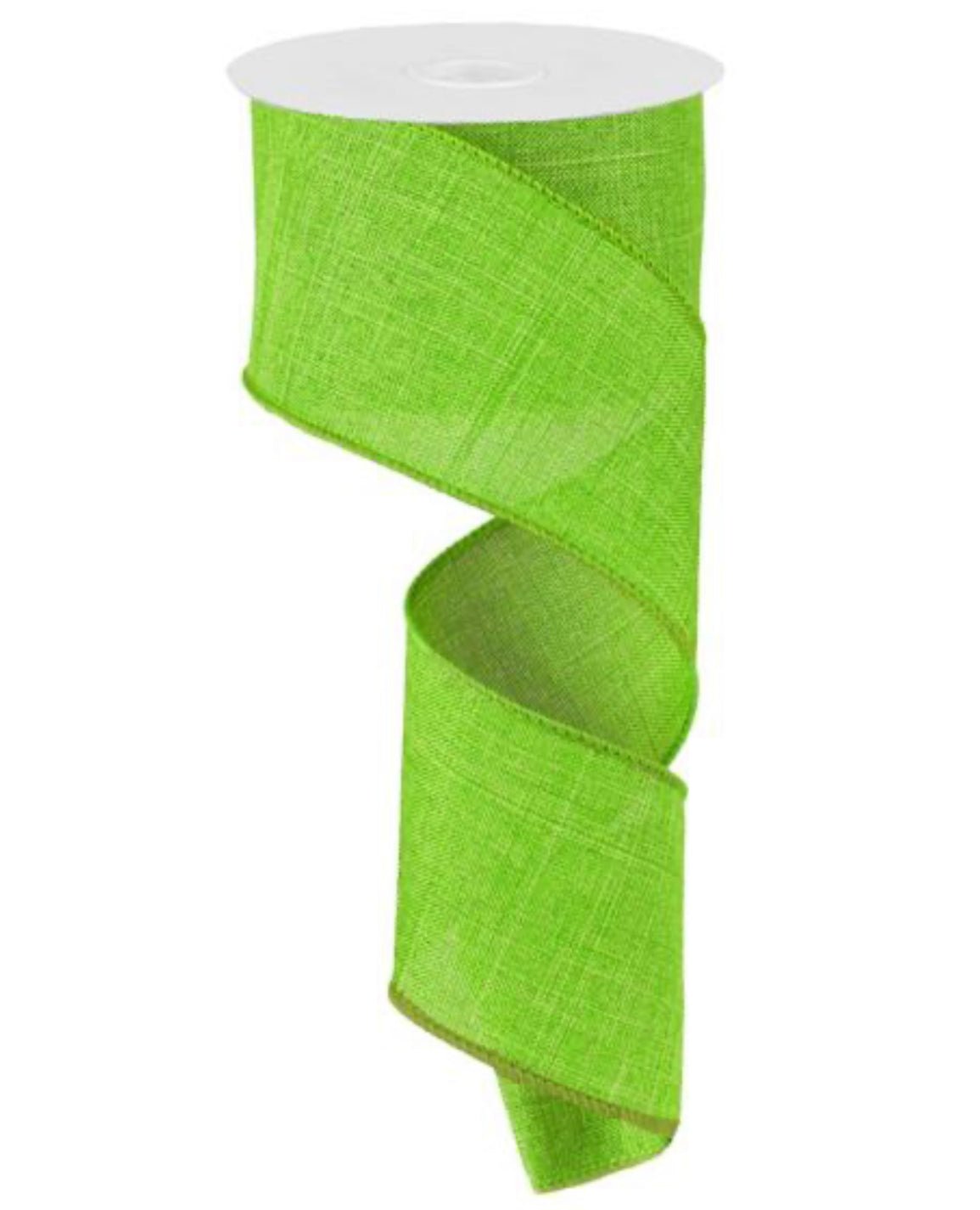 Bright green solid wired ribbon on linen fabric 2.5” - Greenery Market