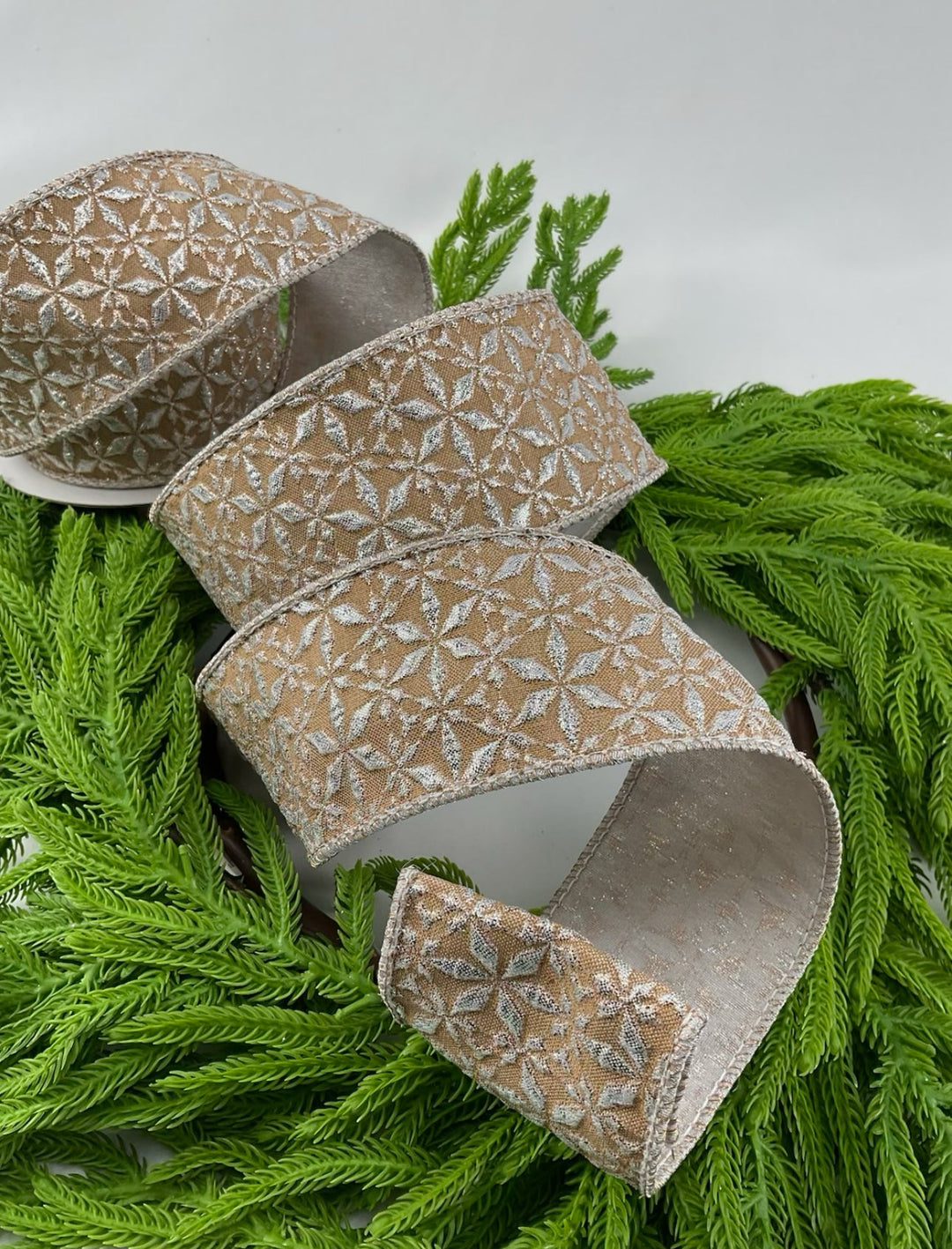 Burlap colored Jacquard Wired Ribbon - Greenery Market179753