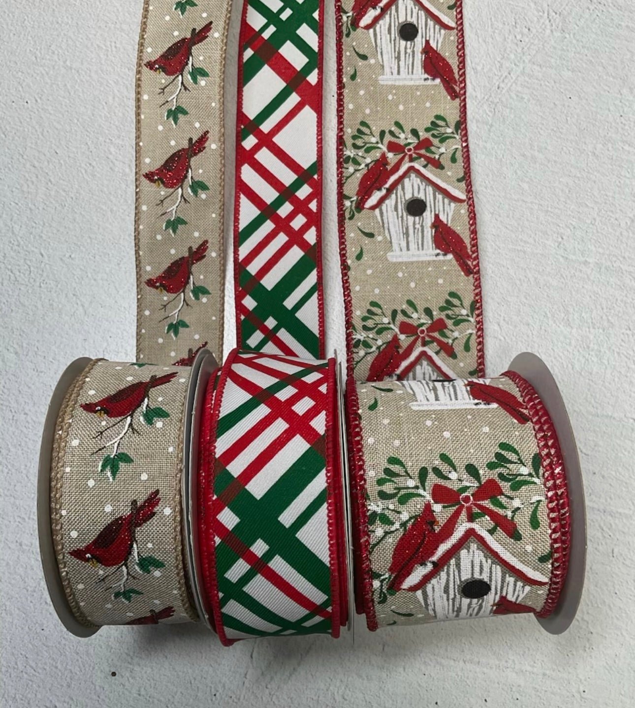 Cardinal and holly Christmas ribbon bundle - Greenery Marketwired ribbon