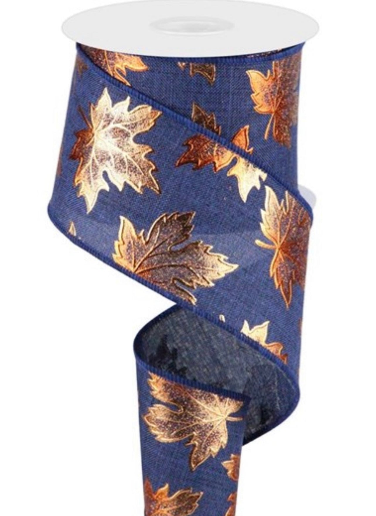 Copper maple leaves on navy wired ribbon 2.5” - Greenery MarketWired ribbonX970740-27