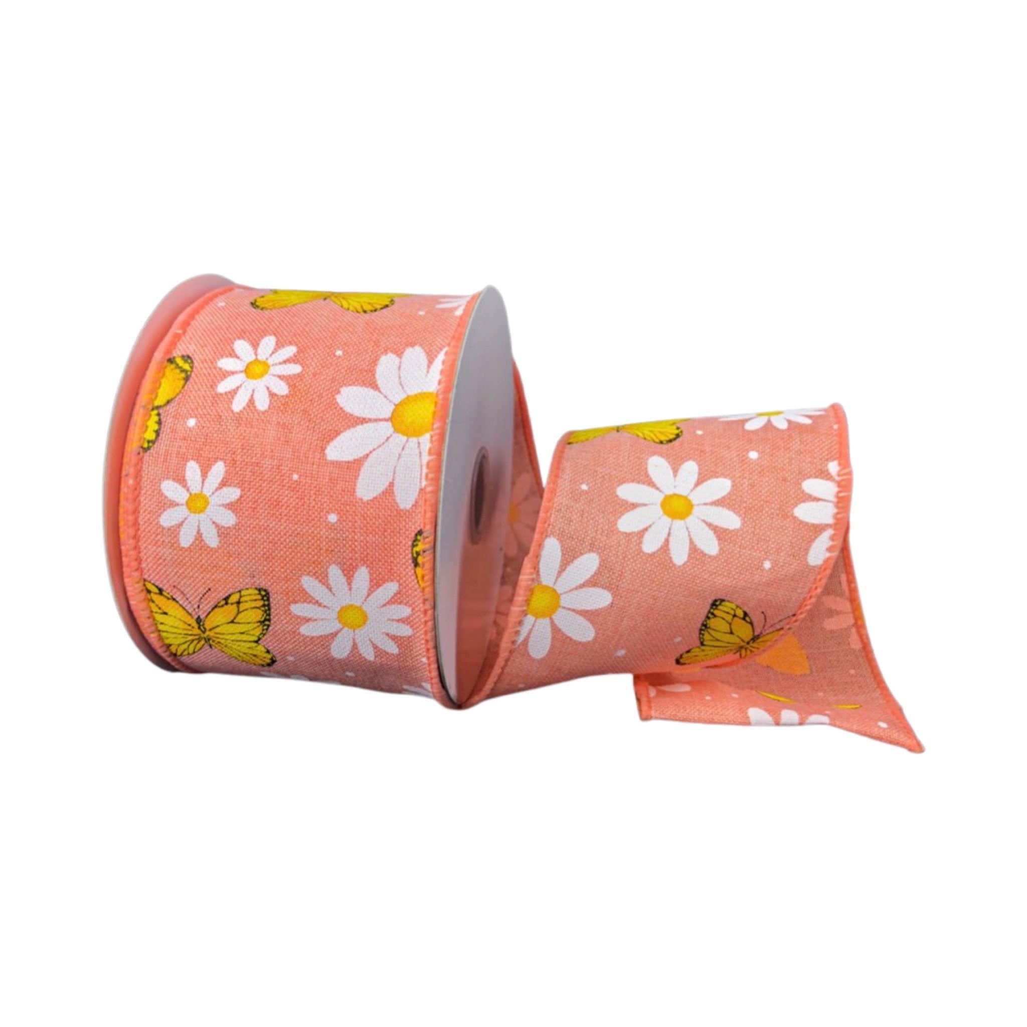 Coral Butterfly and daisies 2.5” wired ribbon - Greenery Market41264-40-46