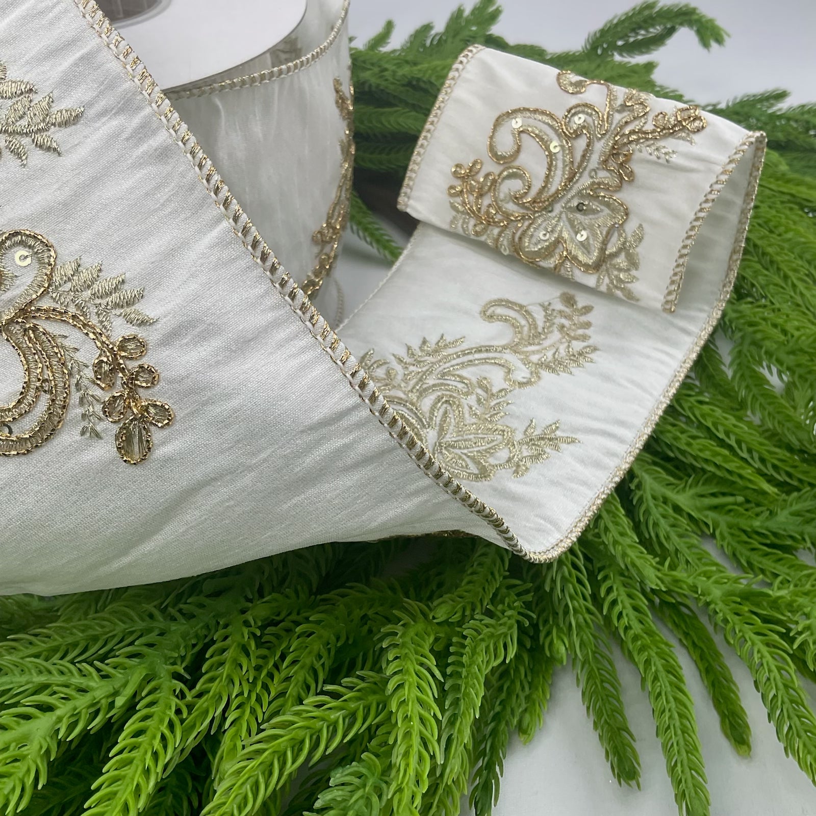 Cream and gold acanthus 4” wired ribbon - Greenery MarketWired ribbonMTX65139