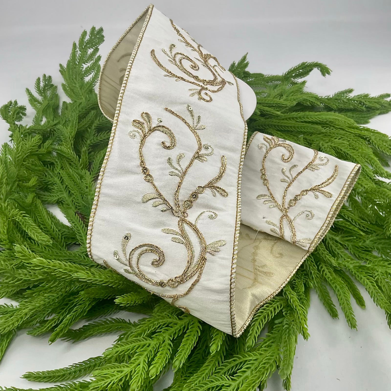 Cream and gold embroidered vine 4” wired ribbon - Greenery MarketWired ribbonMTX68082