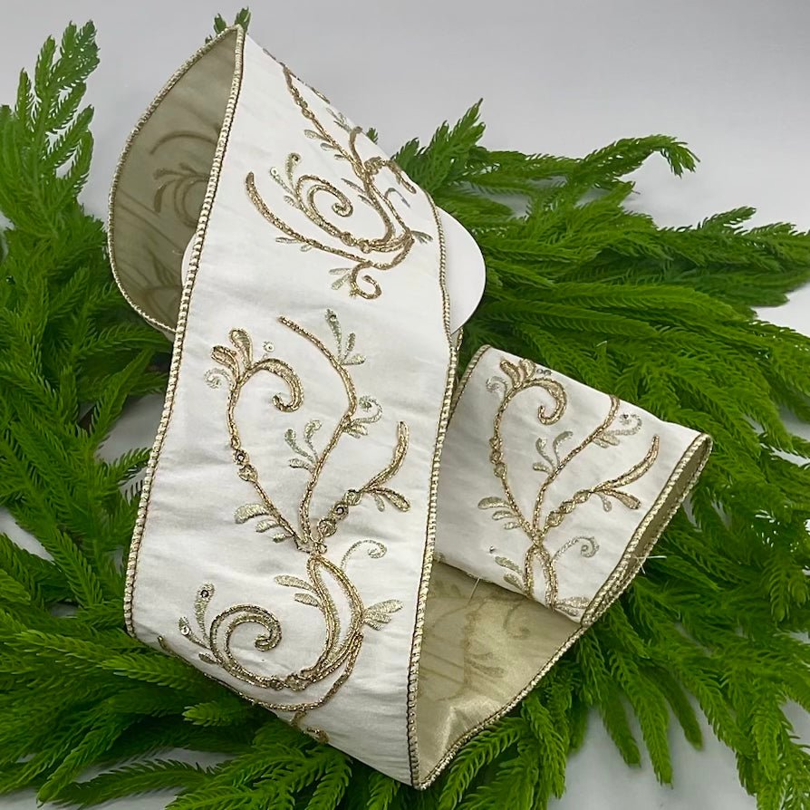 Cream and gold embroidered vine 4” wired ribbon - Greenery MarketWired ribbonMTX68082