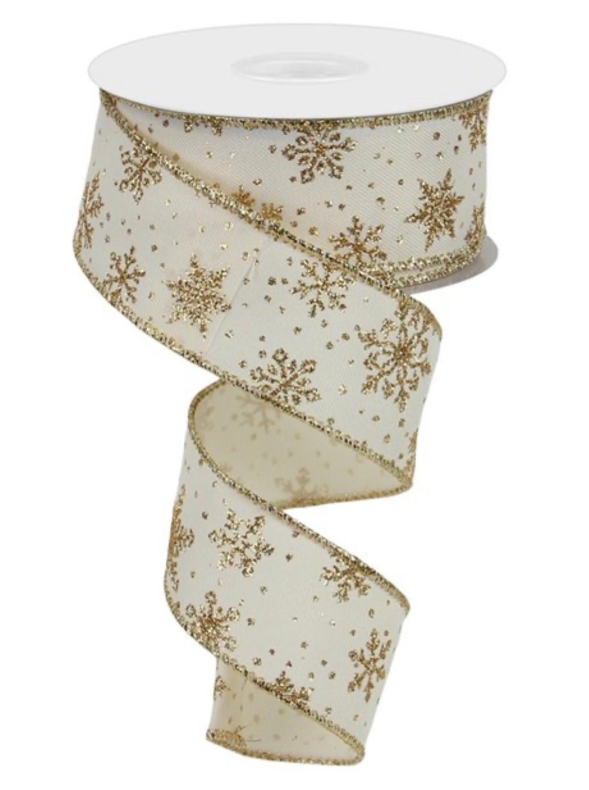 Cream and gold glitter snowflake wired ribbon 1.5” - Greenery MarketRGE113930