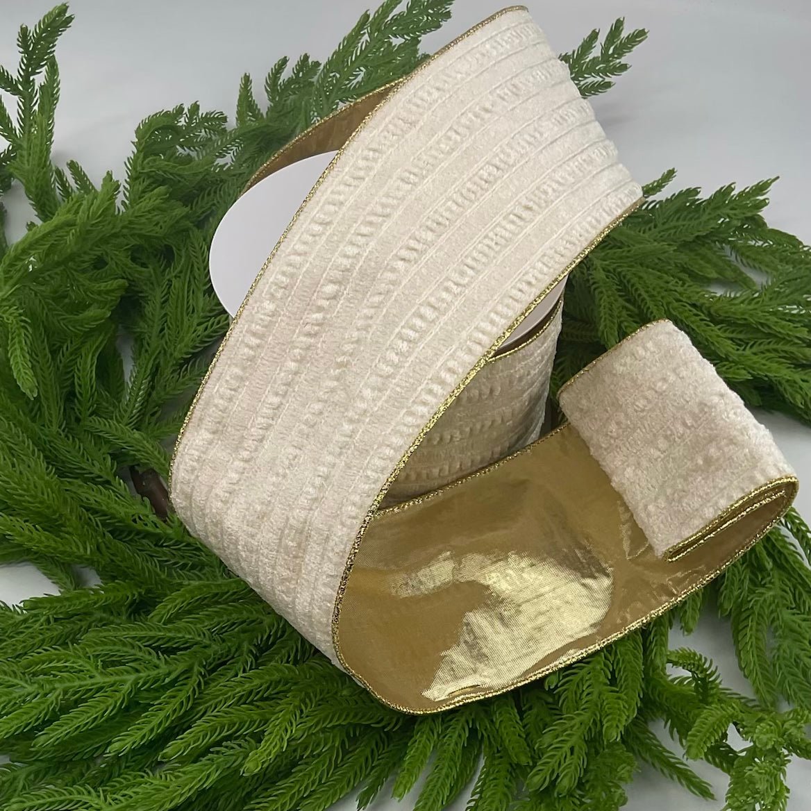 Cream crinkle velvet with gold back 4” wired ribbon - Greenery MarketMTX69779