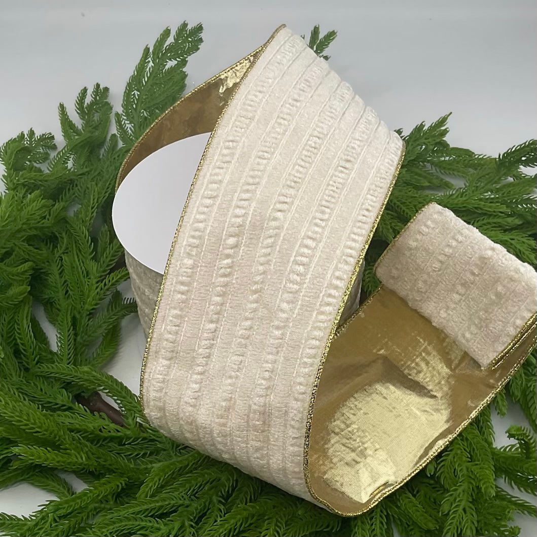 Cream crinkle velvet with gold back 4” wired ribbon - Greenery MarketMTX69779