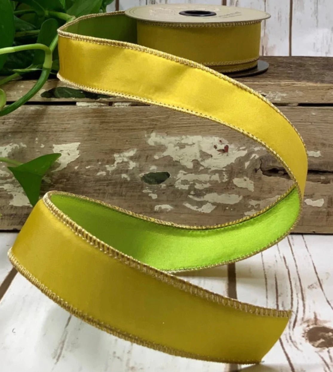 D Stevens 1” Taffeta double sided yellow / green wired ribbon - Greenery MarketRibbons & Trim09-3933