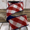 D Stevens Red and white diagonal check with blue back 2.5” wired ribbon - Greenery Market33-1173