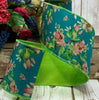 D Stevens Taffeta flowering quince turquoise with green back wired ribbon 4” - Greenery Market09-3972