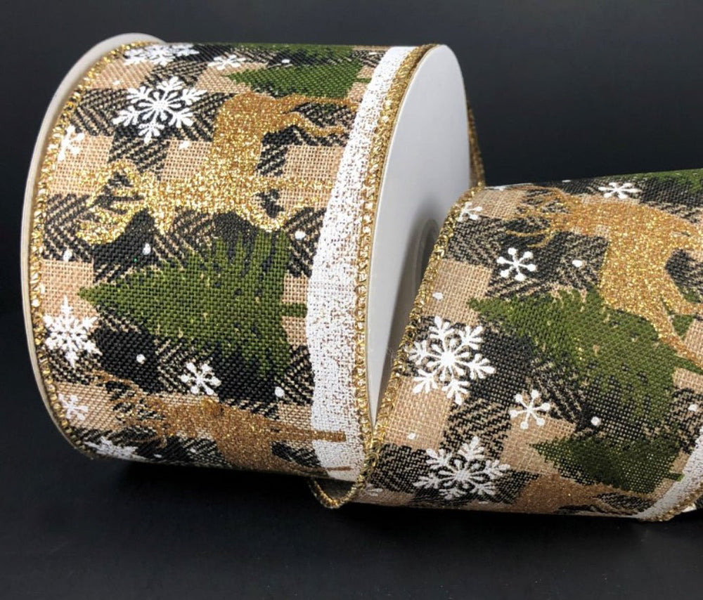 Deer winter wired ribbon with pine trees - Greenery MarketWired ribbon71188-40-15