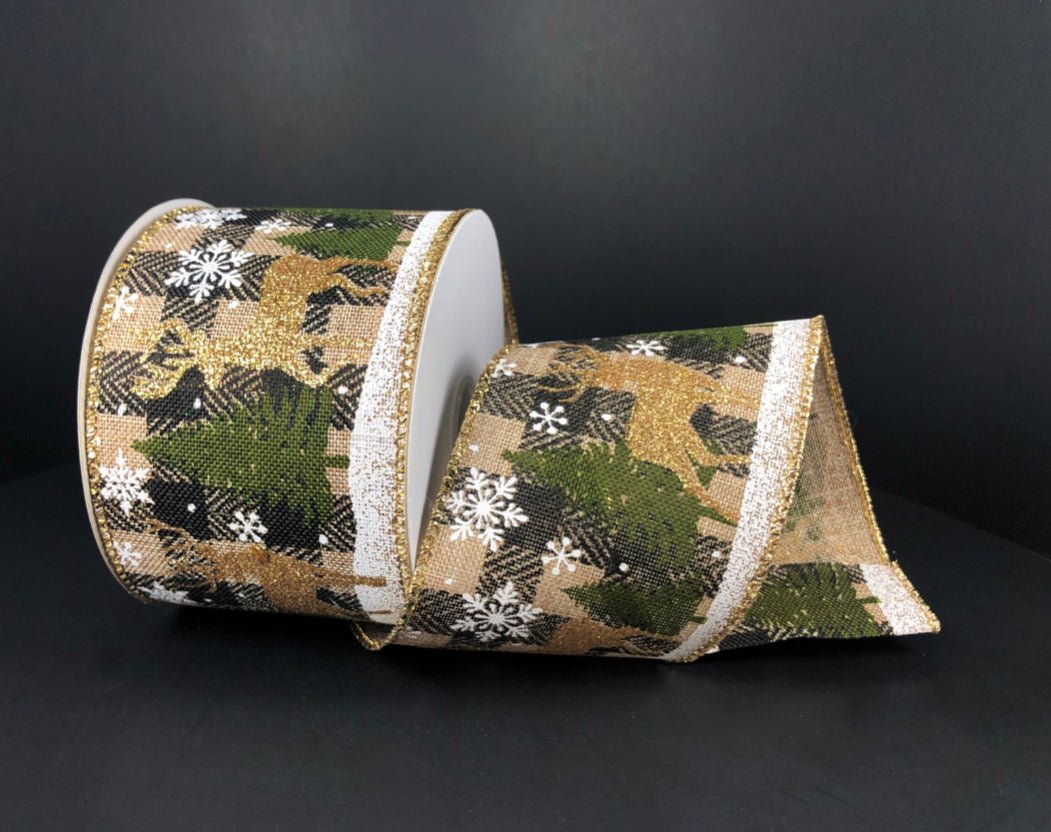 Deer winter wired ribbon with pine trees - Greenery MarketWired ribbon71188-40-15