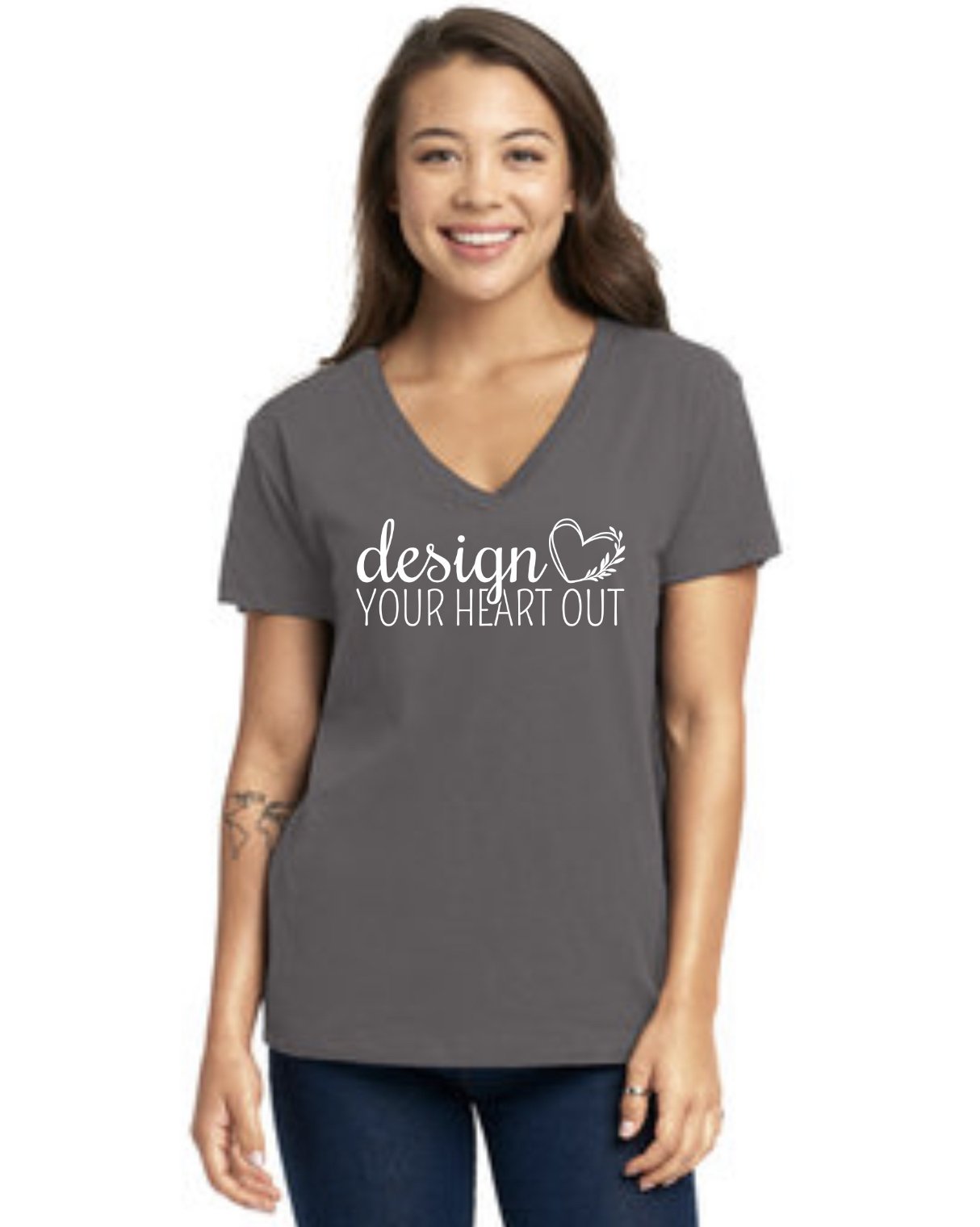 Design your heart out super soft gray woman’s vneck - wreath maker T-shirts - Greenery Market Clothing