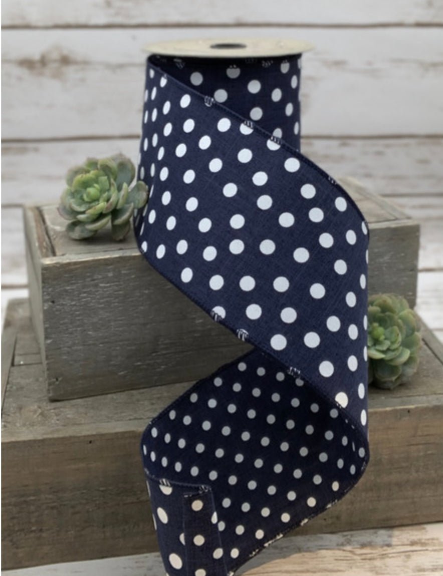 Designer Navy blue Faux linen large and small dots wired ribbon - Greenery Market09-1588