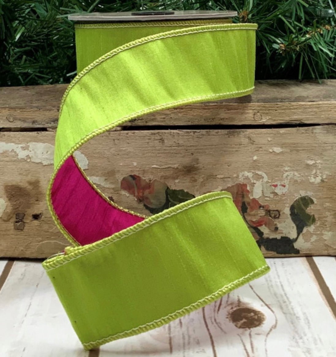 Dstevens dupioni double sided pink / green wired ribbon - Greenery Market25-9027