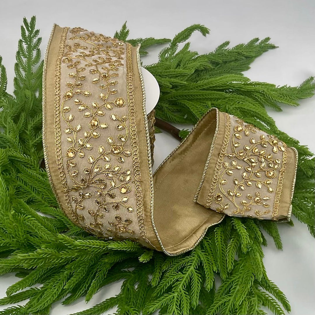 Embroidered jewel leaf gold 4” wired ribbon - Greenery MarketWired ribbonMTX68107