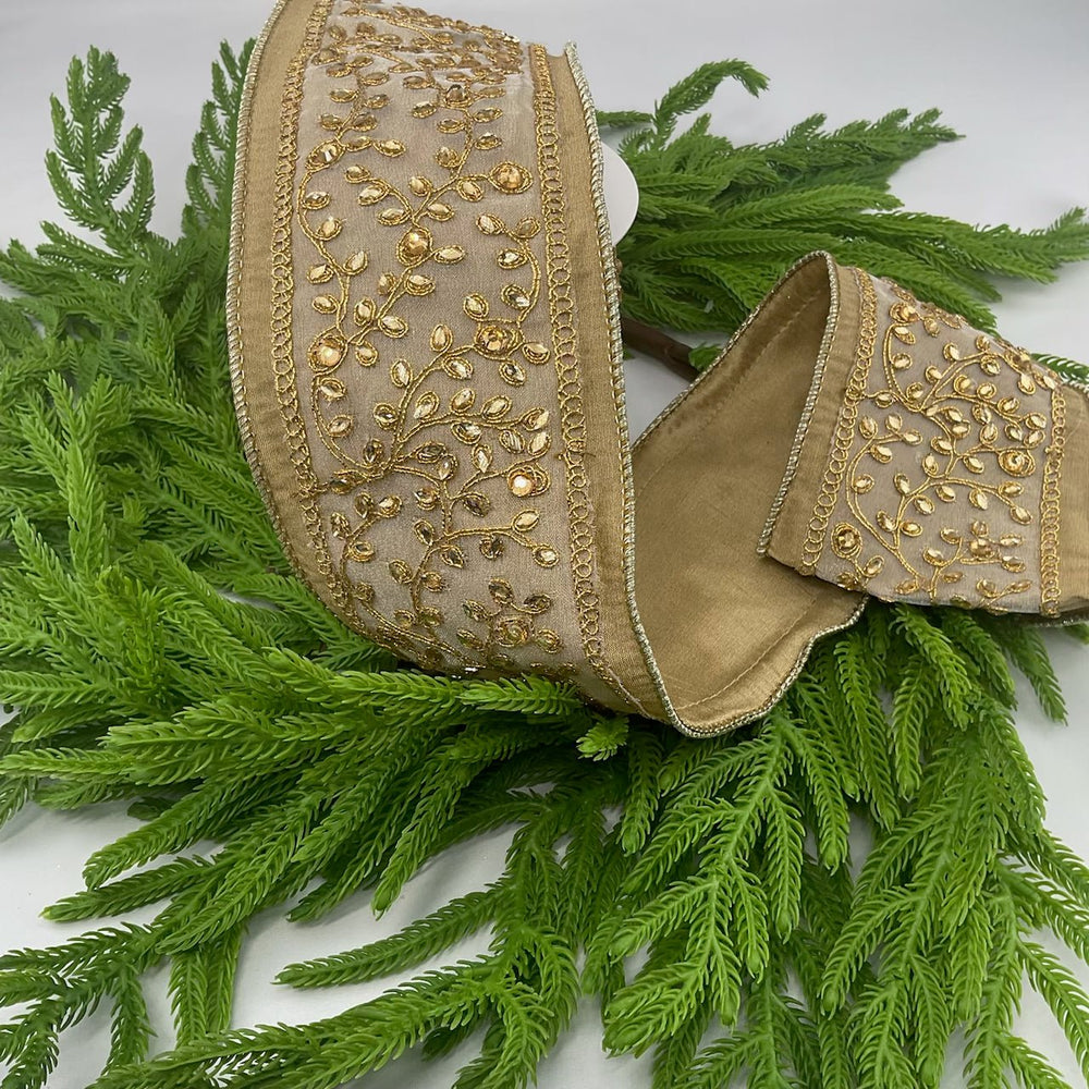 Embroidered jewel leaf gold 4” wired ribbon - Greenery MarketWired ribbonMTX68107