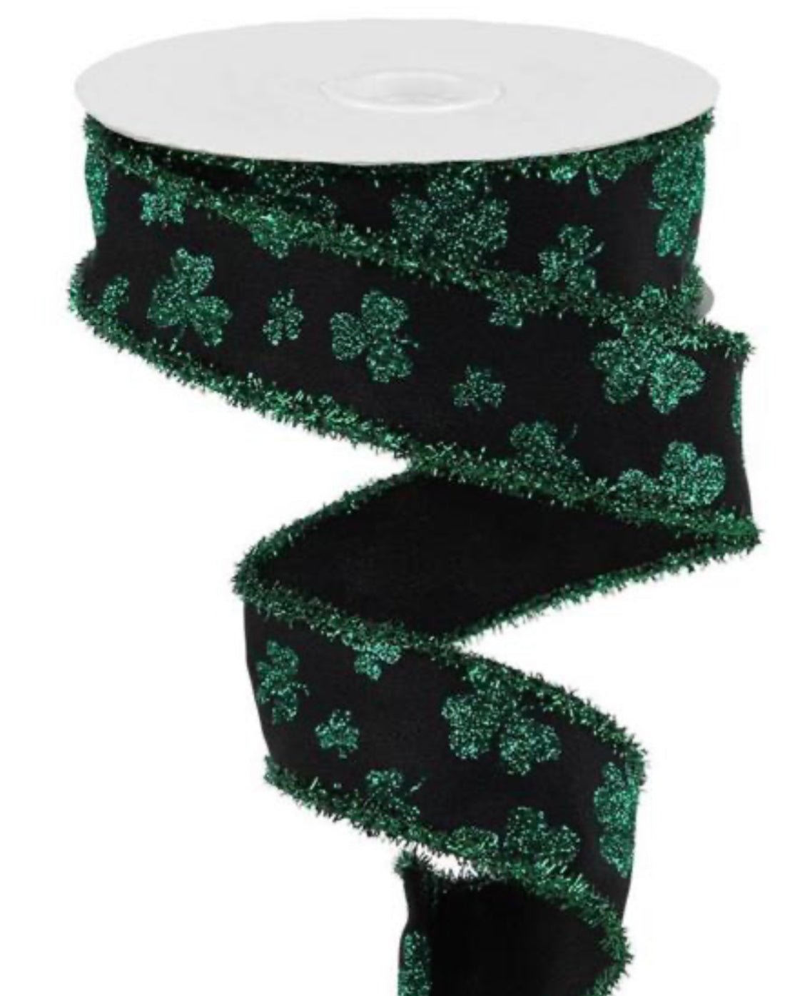 Emerald green and black shamrock ribbon, 1.5" wired with tinsel edge - Greenery MarketWired ribbonRGA851602