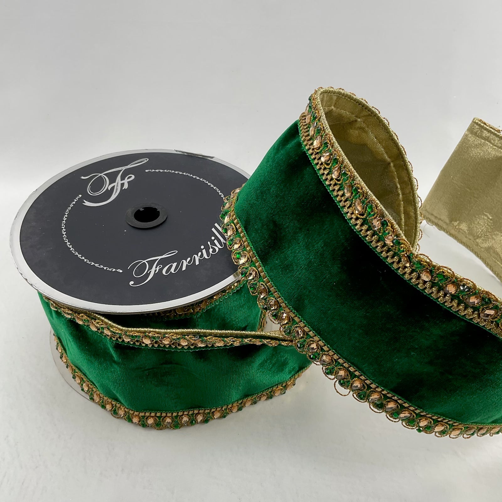 Regency Luxury 4x 10 yd Metallic Dot Velvet Wired Ribbon - Emerald Green/Gold