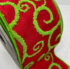 Farrisilk Christmas lime green and red fuzzy swirls ribbon - 4” - Greenery Marketwired ribbonRg866-47