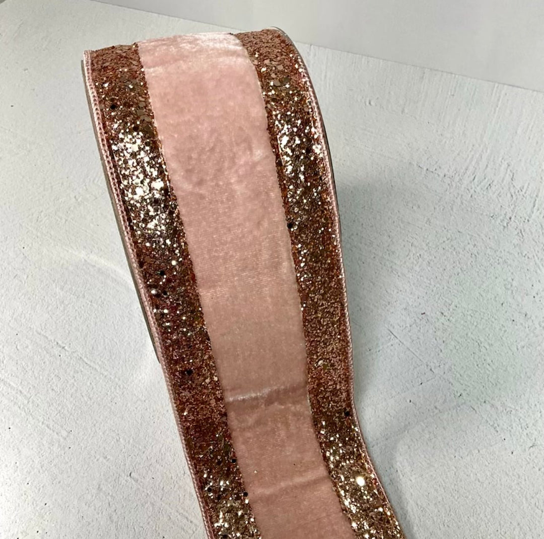 Farrisilk pink rose gold border velvet wired ribbon - 4” - Greenery Marketwired ribbonrg560-22