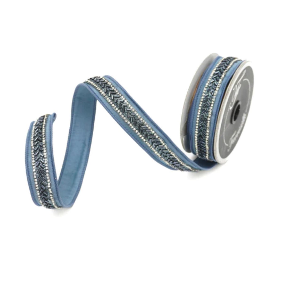 Farrisilk Luxury 1.25 x 5 yd Pear Shaped Jewels in Dusty Blue Wired Ribbon