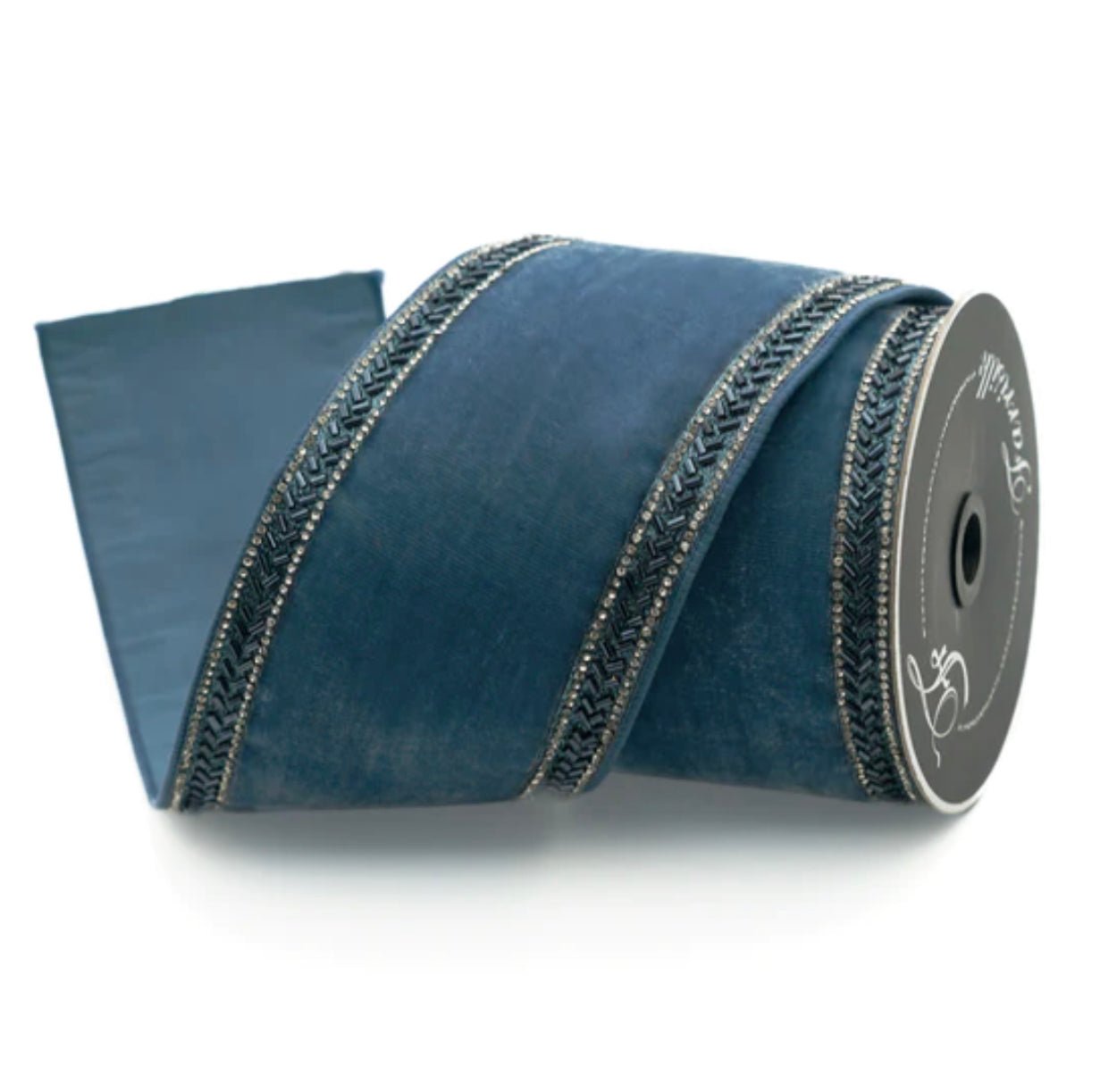 Farrisilk steel blue velvet beaded wired ribbon - 4” - Greenery Marketwired ribbonRk330-17