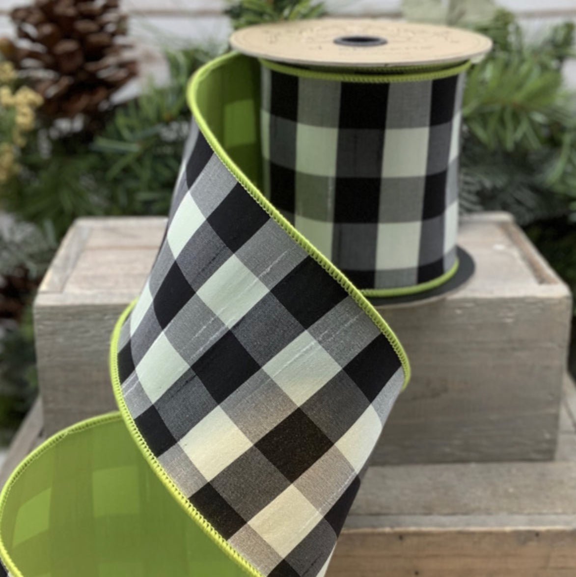 Faux dupion check with green back wired ribbon 4” 88-1840 - Greenery Market