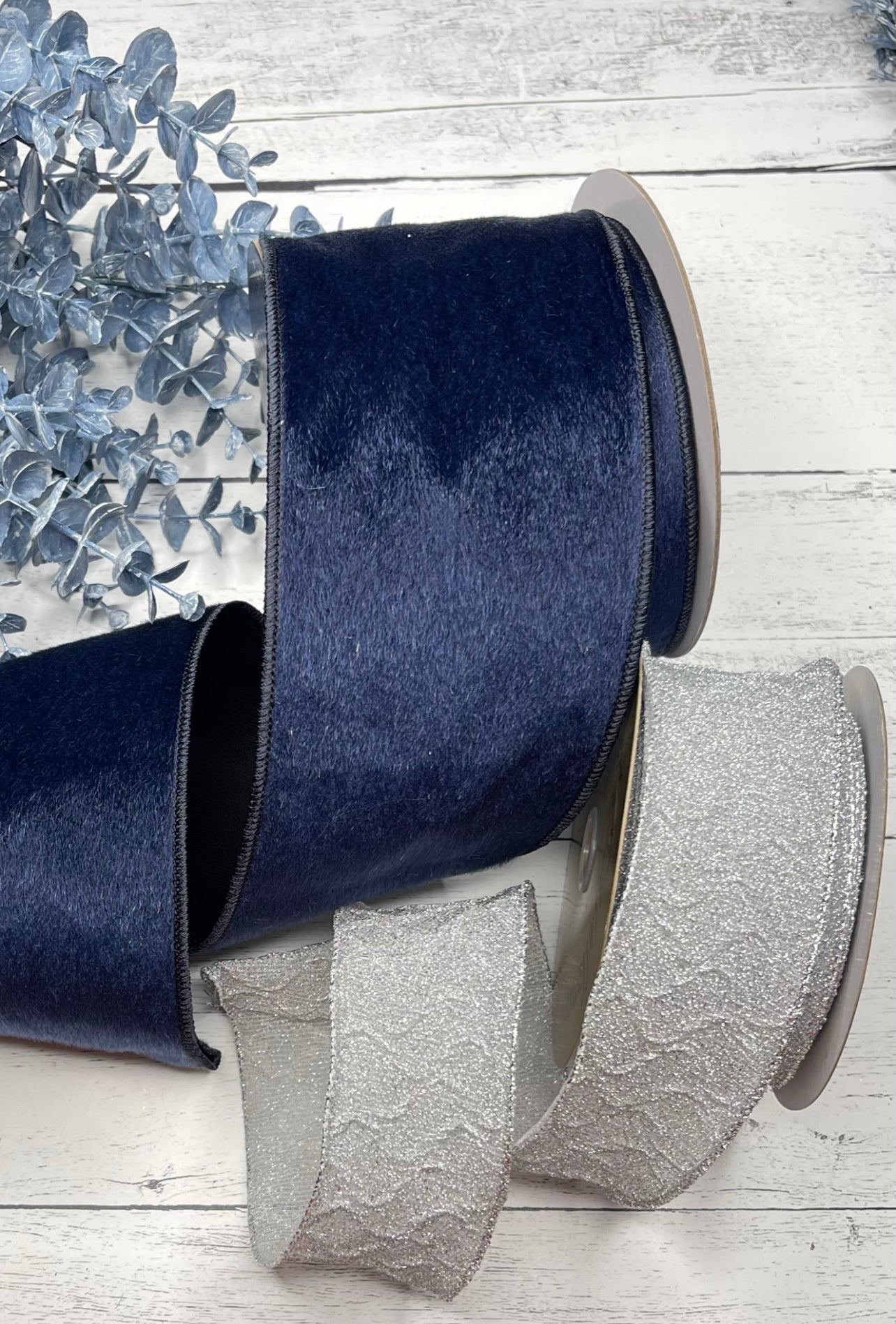 Faux hair blue wired ribbon 4” - Greenery Market