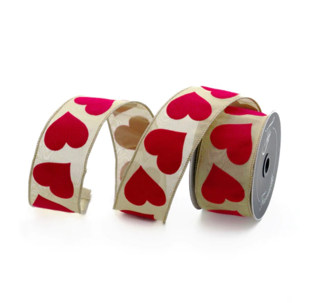 Flocked Hearts ribbon 2.5” farrisilk wired ribbon - Greenery MarketRibbons & TrimRg983-02