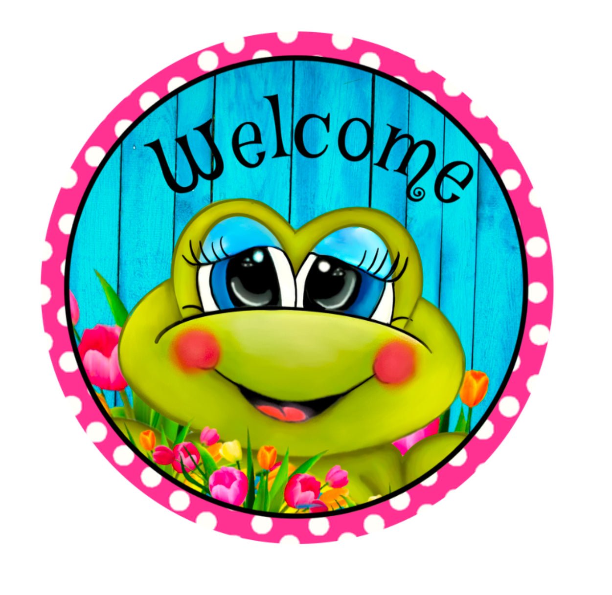 Floral Frog welcome, metal round sign 8” - Greenery Marketsigns for wreathsfrog8”SMALL