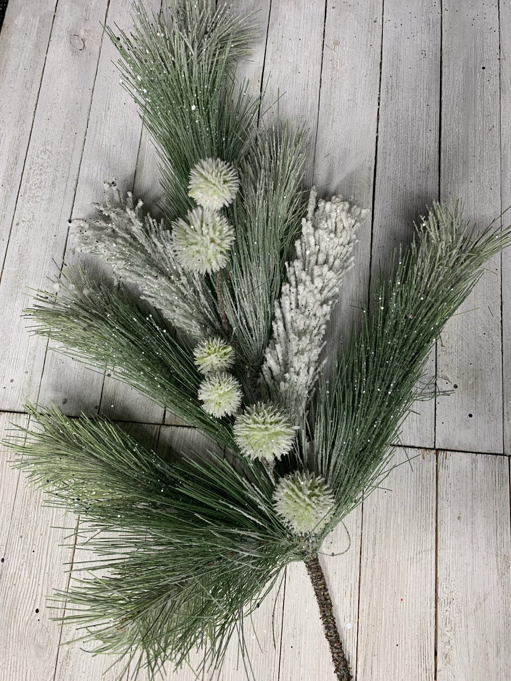 Frosted and flocked winter pompom pine spray - Greenery Marketgreenery26047