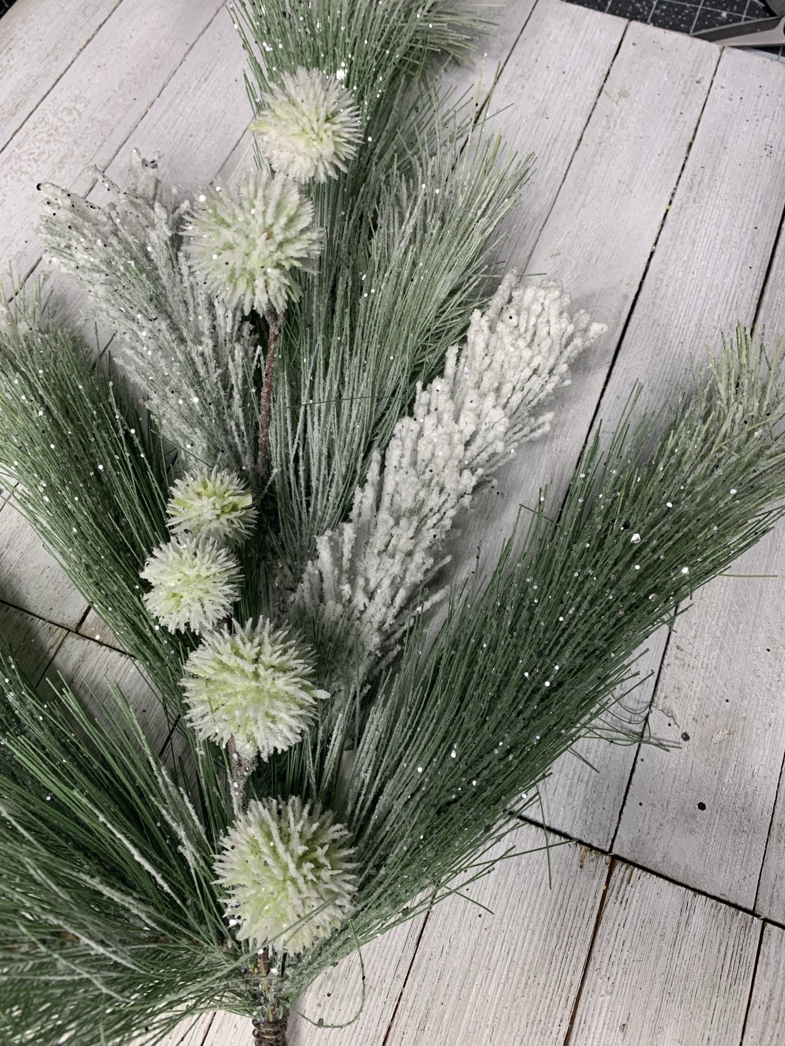 Frosted and flocked winter pompom pine spray - Greenery Marketgreenery26047