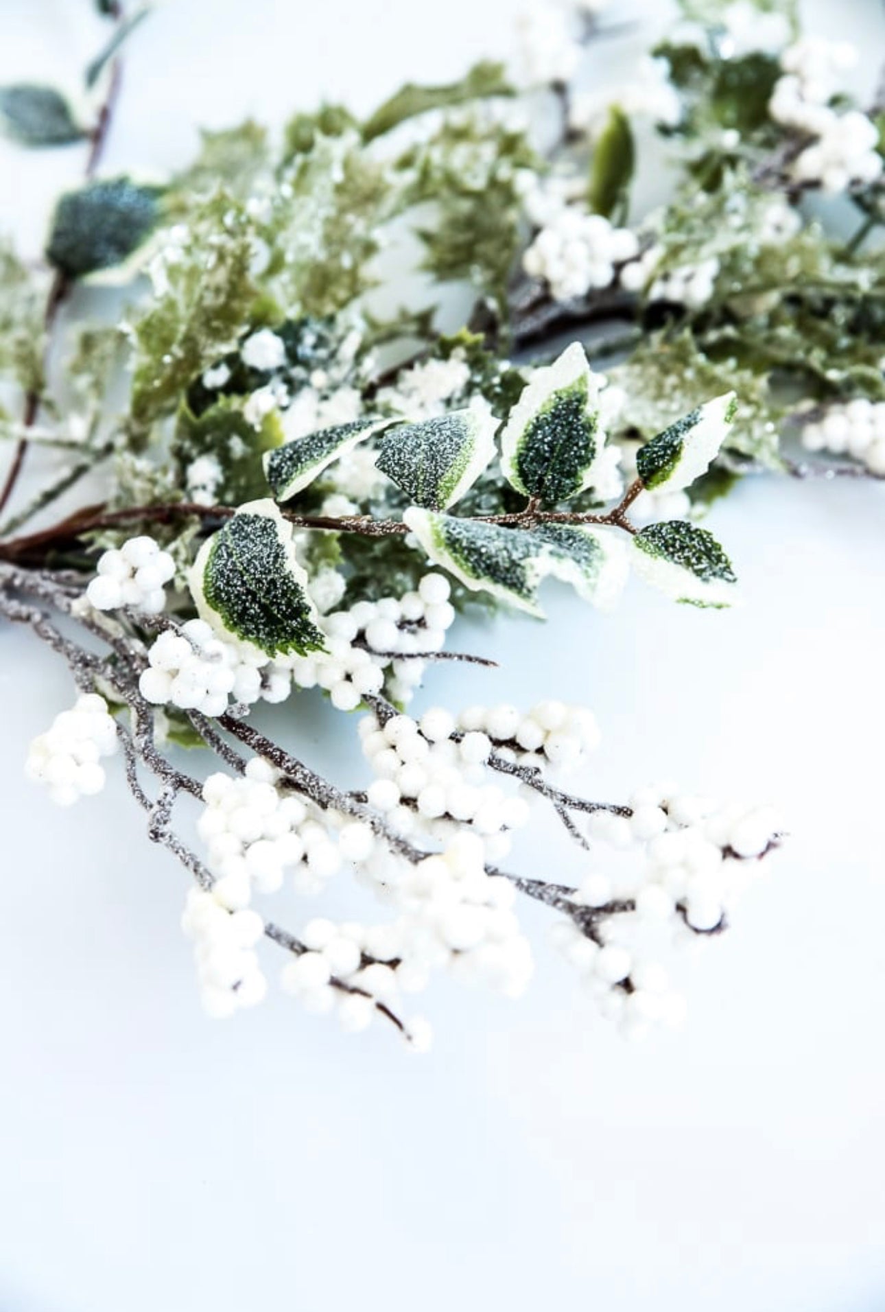 Frosted Mini Leaves, Holly, and White Berries Pick - Greenery Market