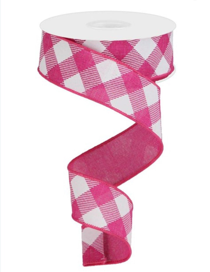 Fuchsia and white diagonal plaid 1.5” - Greenery MarketWired ribbonRga126407