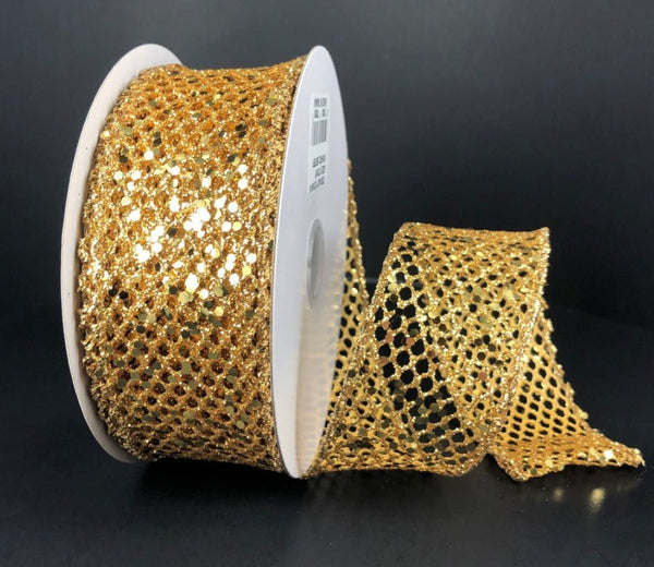 Mesh Net Glitter Ribbon Wired Edge, 2-1/2-Inch, 10 Yards, Gold