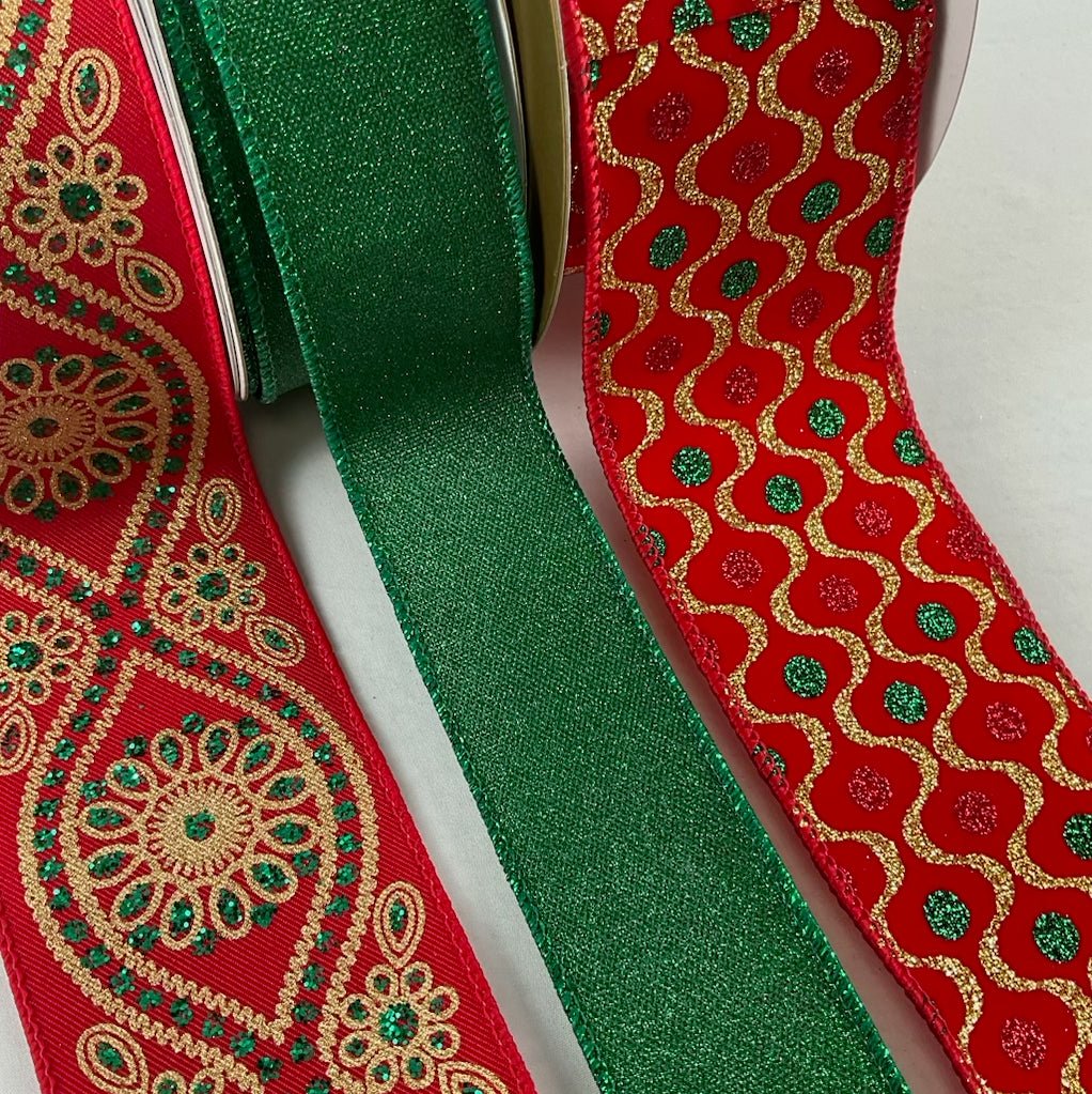 Gold, green, & red shimmering bow bundle with velvet - Greenery MarketRibbons & TrimRedgoldgreenx3