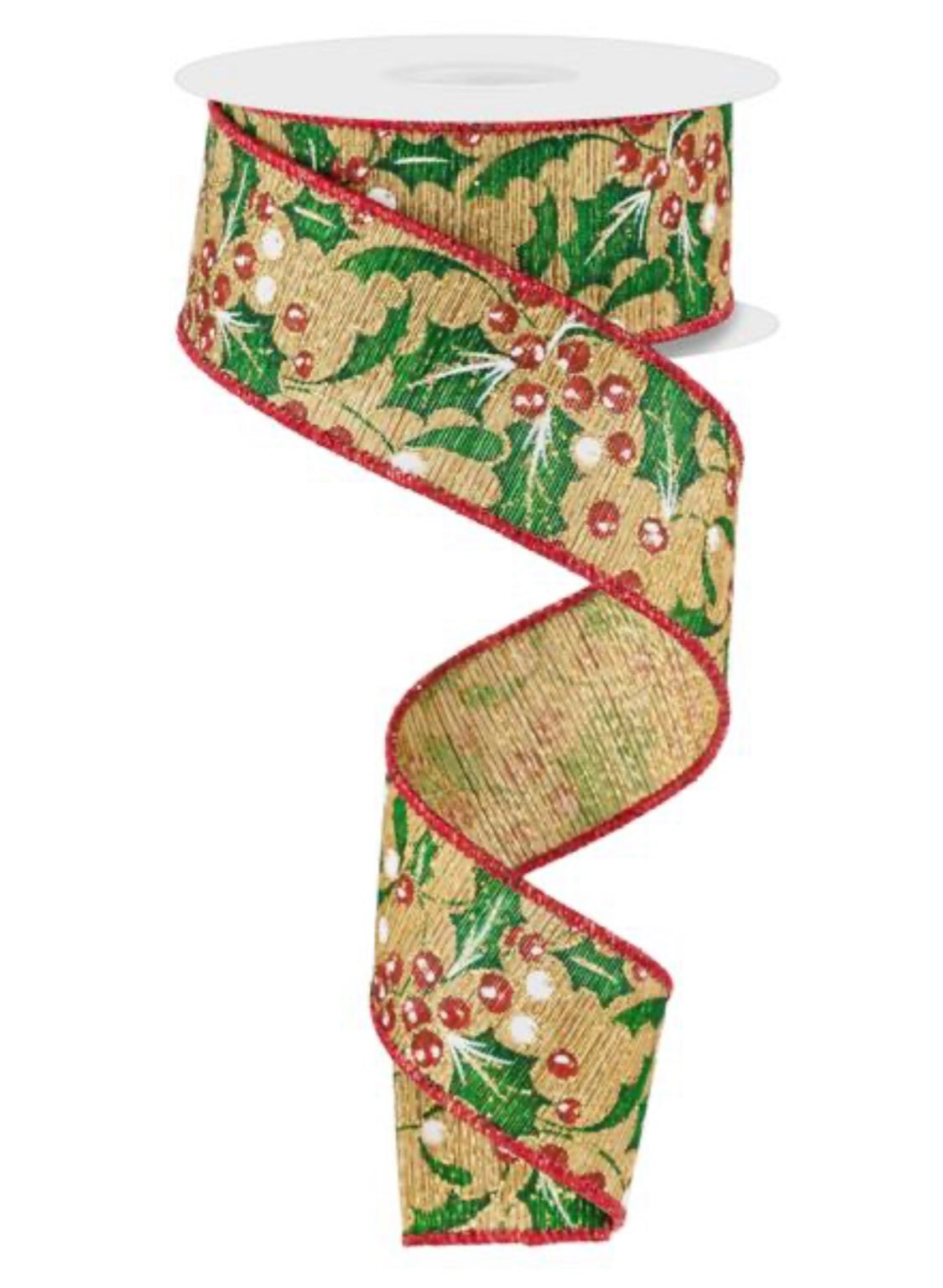 Holy Ribbon Green Gold, red, and green holly wired ribbon - 1.5” - Greenery Market