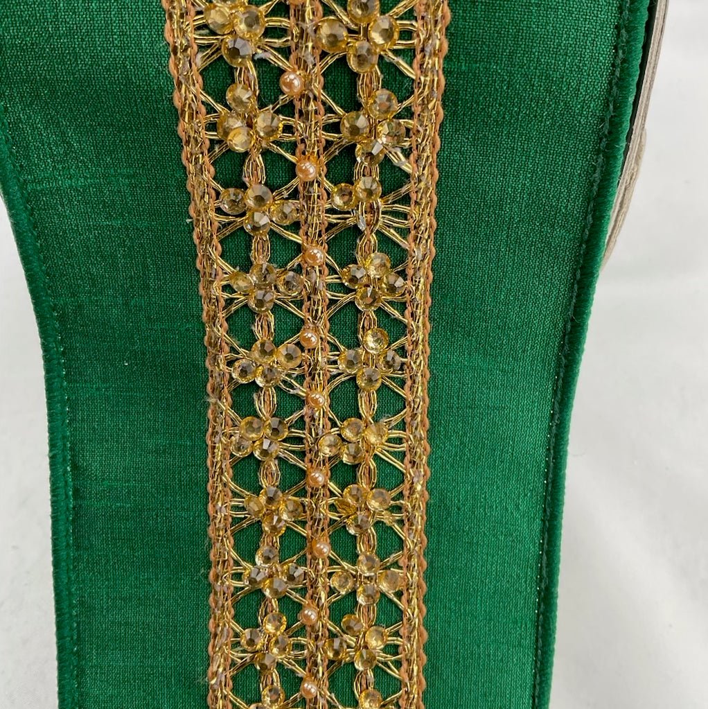 Gossamer Gold and emerald green velvet 4” farrisilk wired ribbon - Greenery MarketRibbons & TrimRK410-55
