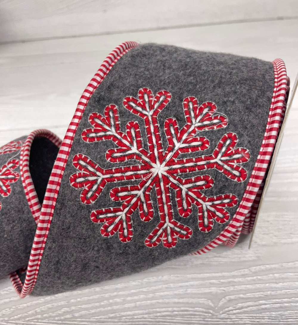 Gray and Red snowflake wired ribbon - 4” - Greenery MarketWired ribbon179841