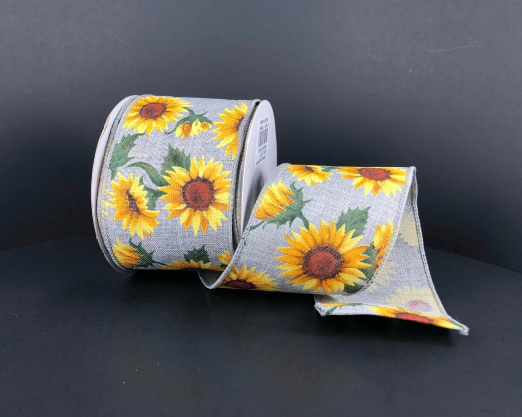 Gray and yellow sunflower wired ribbon 2.5” - Greenery MarketWired ribbon61215-40-49