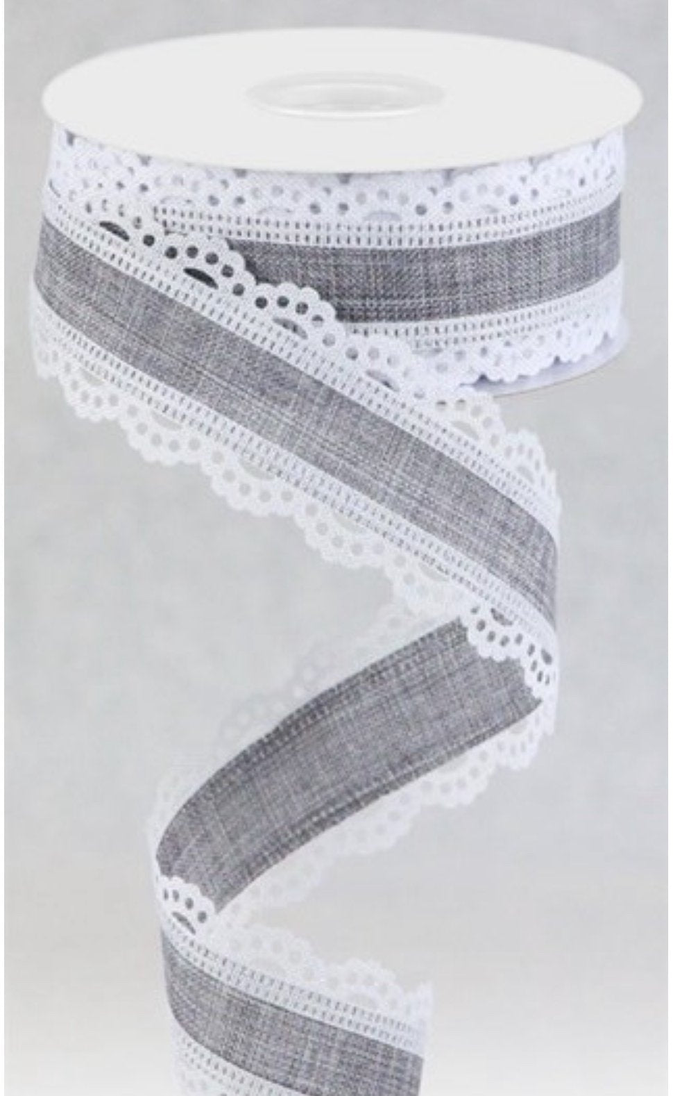 Gray wired ribbon with white scalloped lace edge 1.5” - Greenery Market Wired ribbon