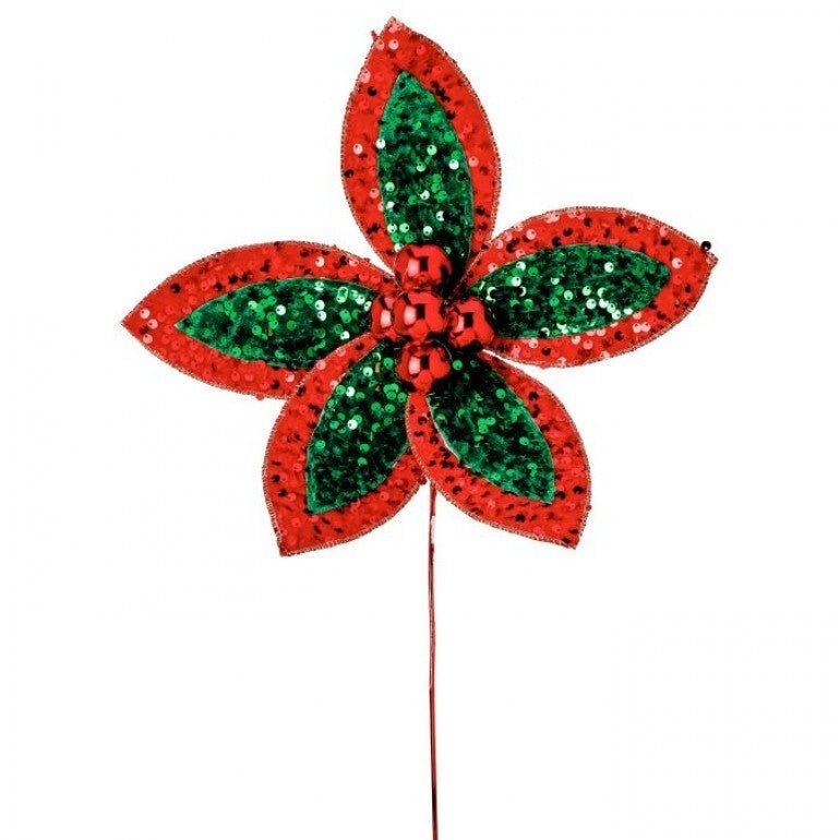 Green and red sequin poinsettia stem - Greenery MarketMTX71996