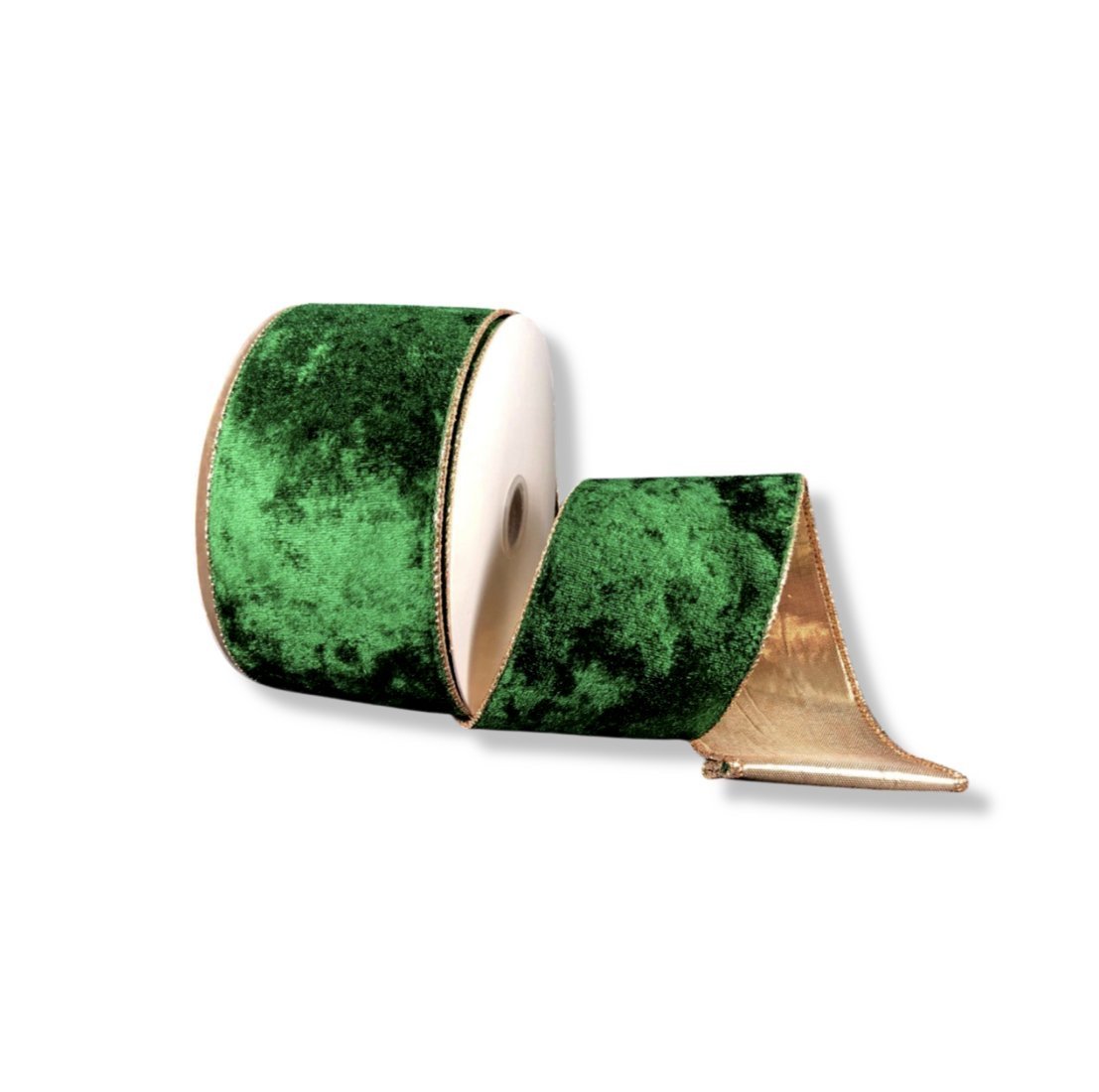 Green crushed velvet with gold back wired ribbon, 2.5