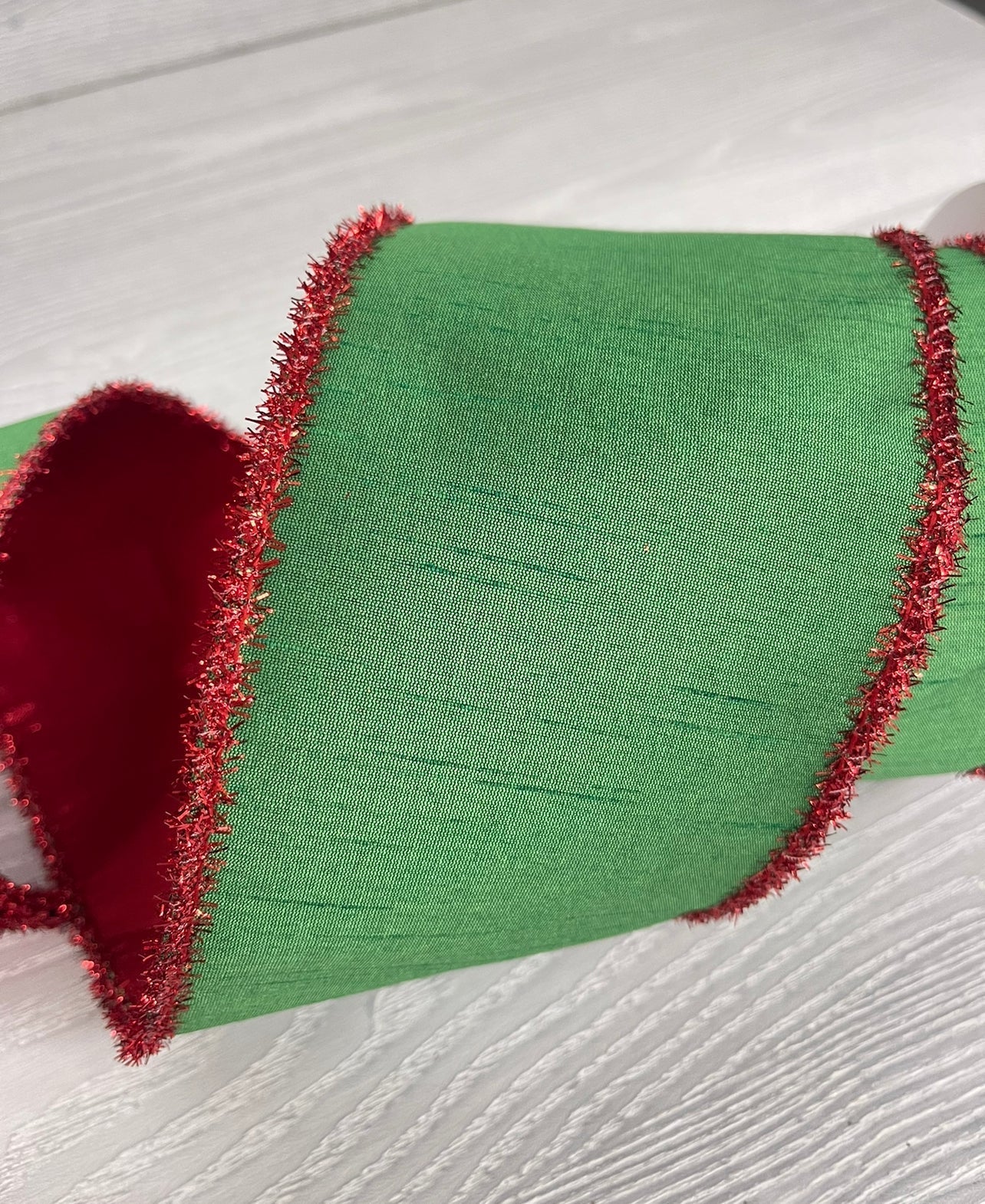 White Wired Double Sided Dupion Red Green Ribbon